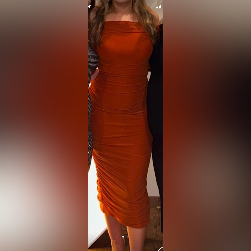 Orange Ruched Midi Dress